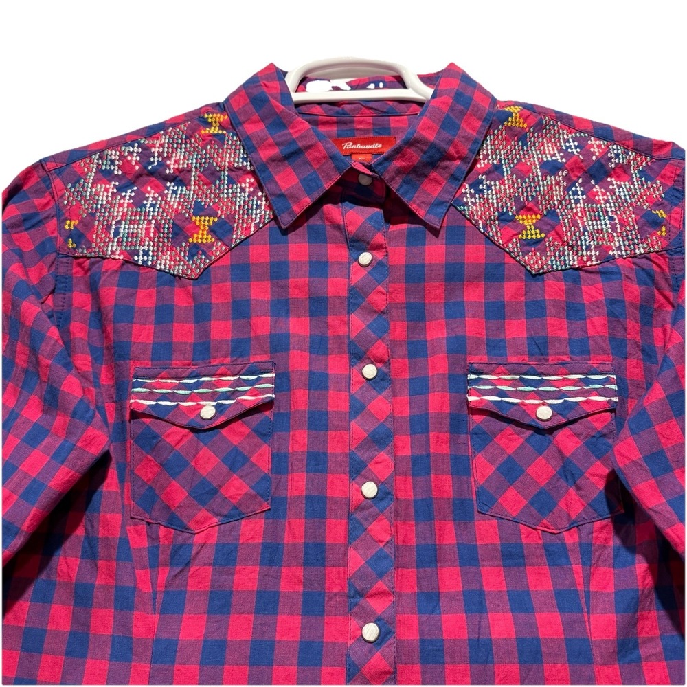 Panhandle Western Shirt Blue Red Plaid Pearl Snap Embroidered Women's Size XL